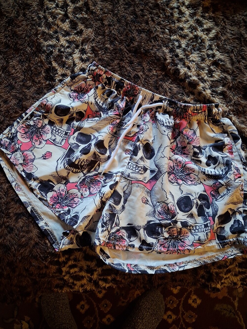 Source Unknown White Athletic Shorts with Black Skulls and Pink Flowers